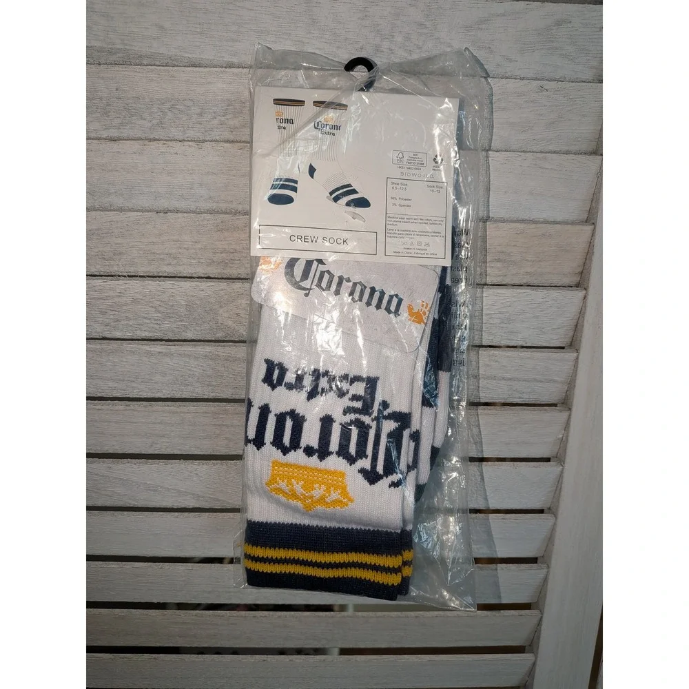 Corona Extra Beer Mens Crew Socks White Navy Blue Logo Stripes NWT Size 6.5-12.5